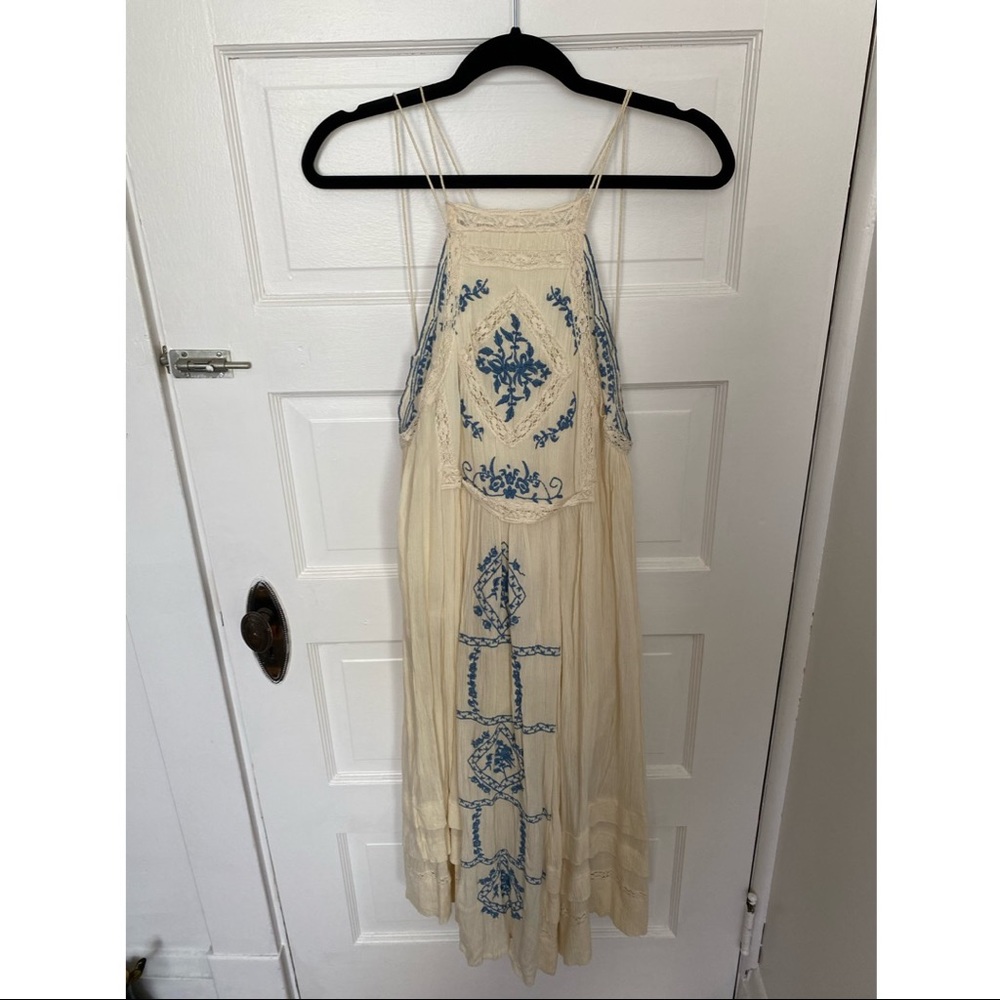 Free People blue embroidered off white midi dress
